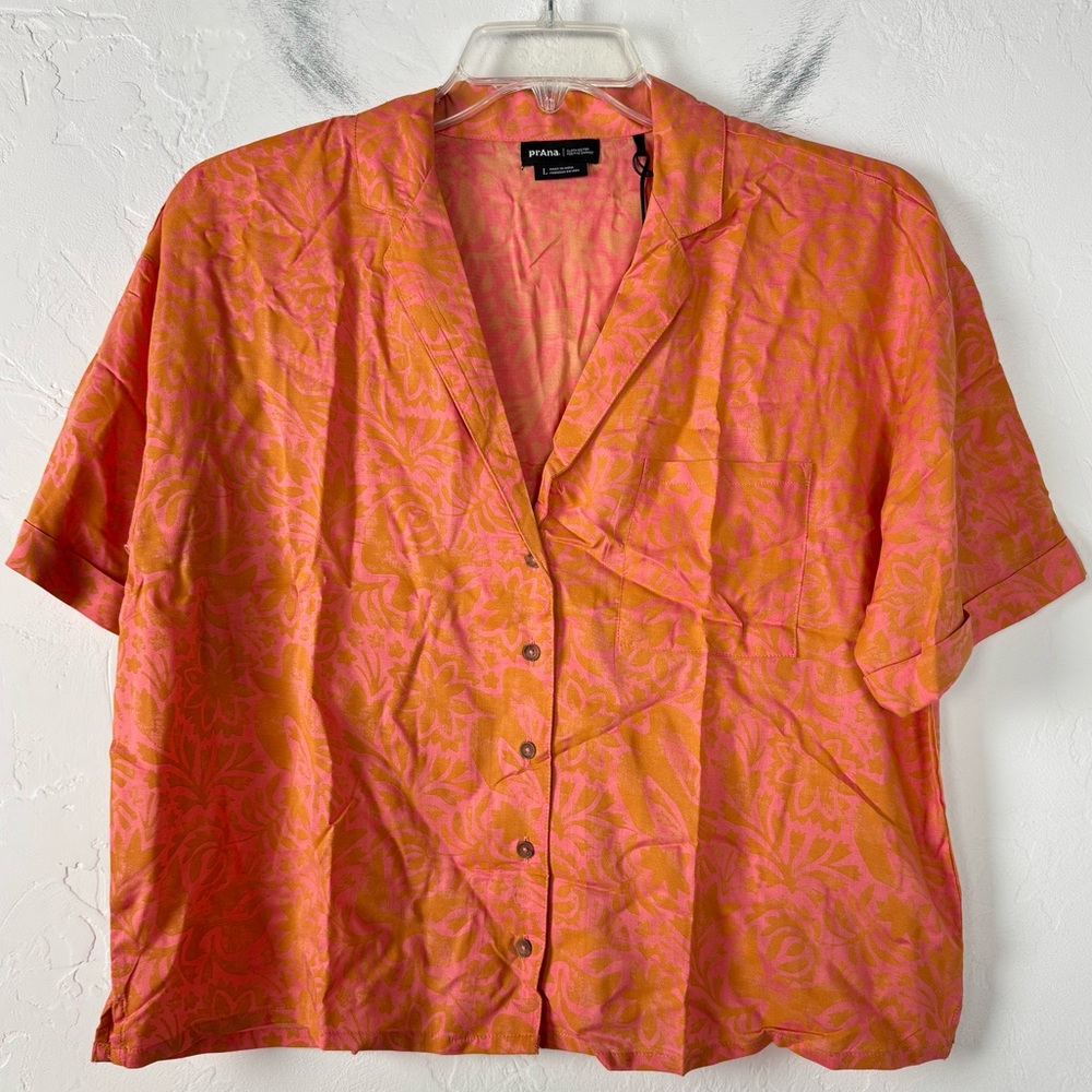 Prana Shirt Knit Top Blouse Iguala Floral Print Orange Pink Button Down Collared